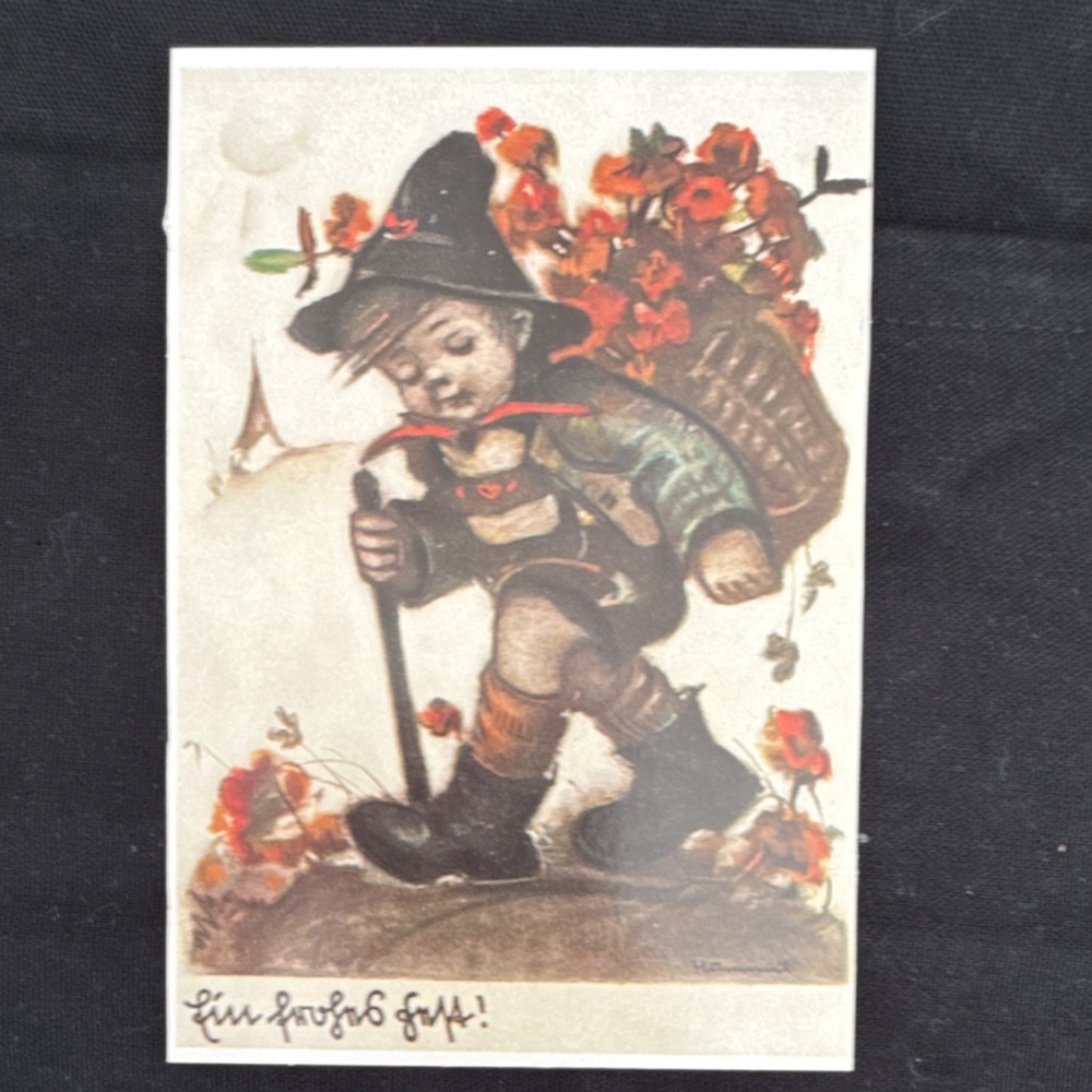 Vintage Illustrated Art Postcard - Child with Backpack and Flowers